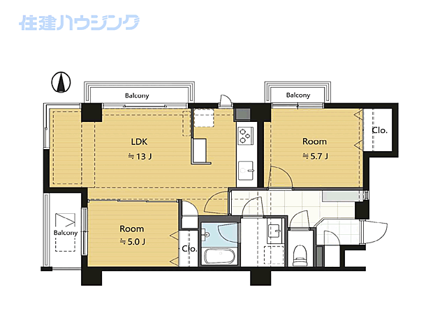 ヴェルデコート弦巻(2LDK) 3階の間取り図