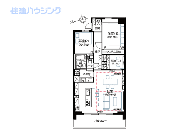 神楽坂アインスタワー(3LDK) 18階の間取り図