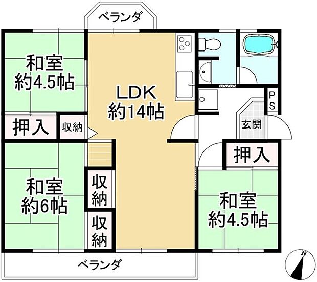 釈尊寺第三住宅第43号棟(3LDK) 4階の間取り図
