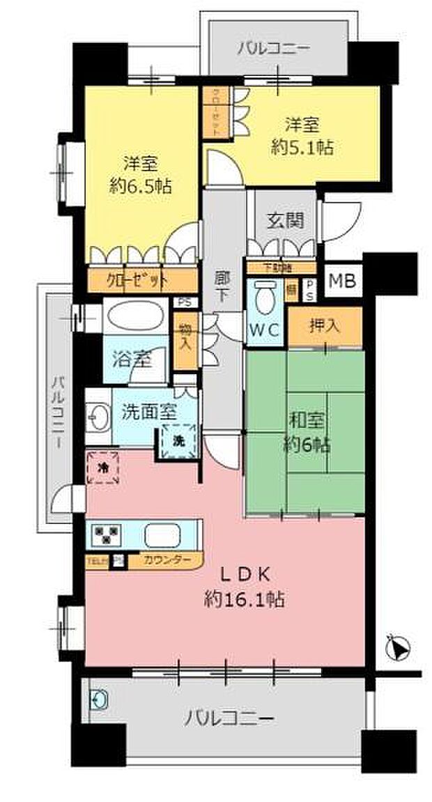 パークホームズ平針ヴェルデ(3LDK) 6階の間取り図