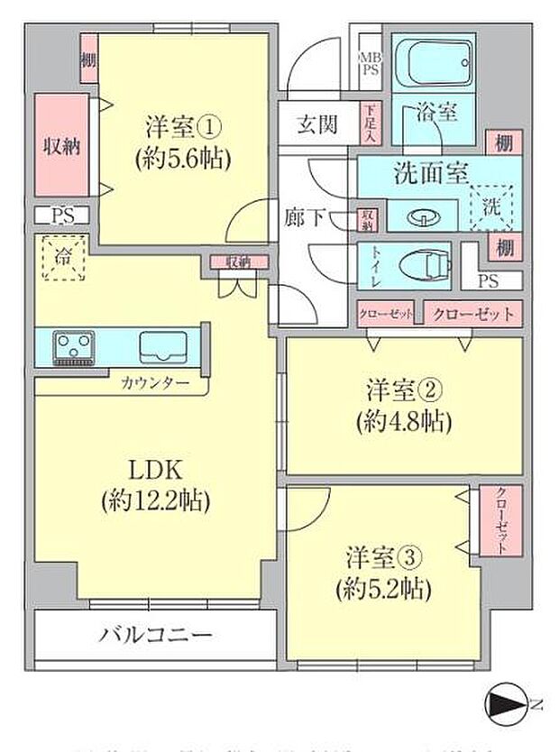 横浜山手ガーデニア(3LDK) 3階の間取り図