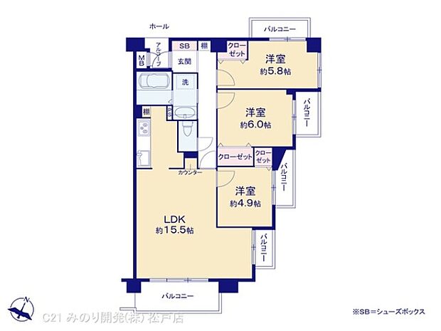 シティパル松戸・元山(3LDK) 5階の間取り図