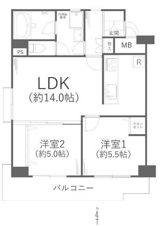 湘南金沢八景ハイツ1号館(2LDK) 2階の間取り図