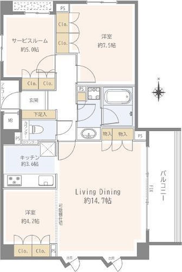 新規内装リフォーム済(2023年5月)。エアコン1台新規設置済です。南向きの明るいお部屋です。全室に収納付でお部屋をスッキリと使えます。多目的に使える納戸があります。