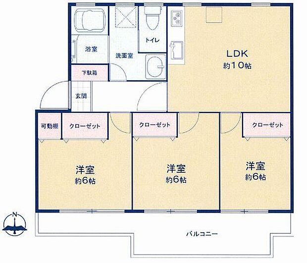 新規内装リフォーム済(2023年4月)。南向きの明るいお部屋です。全居室6帖以上の3LDK。全室フローリングにつきお掃除やお手入れが楽にでき家事の時短も可能です。