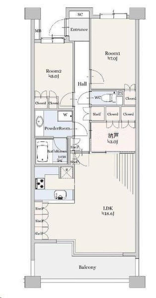 内装リフォーム済（令和6年3月）。段差のないフラットな設計のためどんな世代の方でも暮らしやすいお部屋。LDKは18.6帖のゆとりを確保した広々空間です。