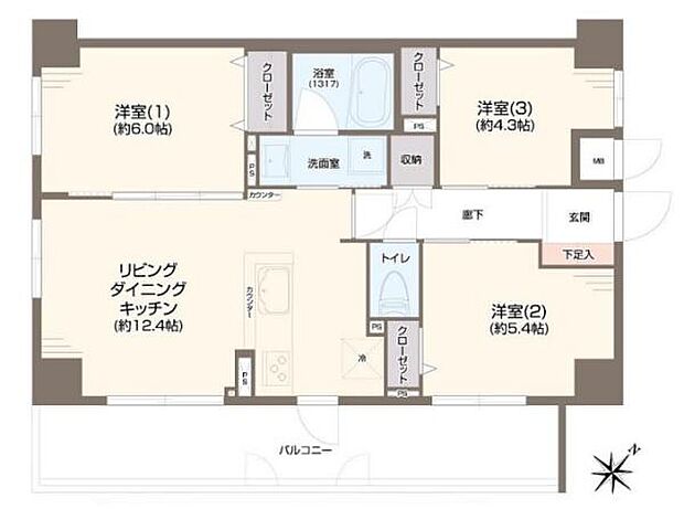 マイキャッスル・ラルジュ横浜西(3LDK) 4階の間取り図
