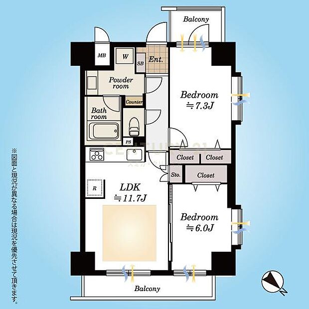 間取図／3階部分北東・南西2面バルコニーの3方角住戸2LDK、内装リノベーションにより室内・設備が一新されました。全窓二重サッシ・床暖房・食洗機等設備充実！リビングは明治通りとは反対側です。