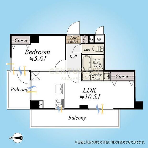 間取図／6階最上階北西角住戸1LDK＋2面バルコニー、内装フルリノベーションにより新築同様にお住まいいただけます。ペットと一緒に暮らせます！