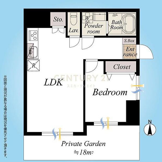 間取図／1階部分南東角住戸1LDK＋専用庭約18m2、スケルトンからのフルリノベーションにより室内・設備一新！全室二重サッシ（インプラス仕様）、ペットと一緒に暮らせます！