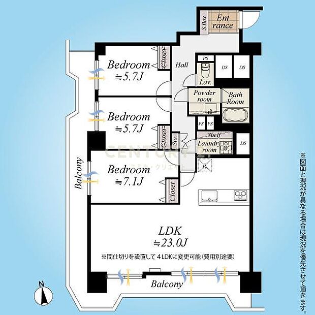 間取図／10階部分南西角部屋3LDK、全室を囲むL字型のワイドバルコニー、採光・通風・眺望良好！内装フルリノベーションにより室内・設備一新されました！ペットと一緒に暮らせます！