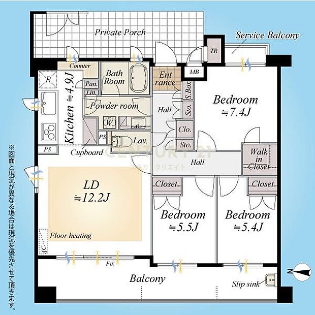 間取図／3階部分西向ワイドバルコニーの3LDK、専用ポーチ付の三方角住戸につき採光良好です、トランクルーム（無償）有り、ペットと一緒に暮らせます！