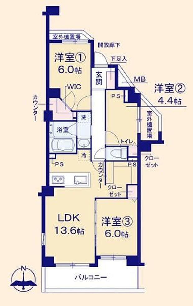 横浜和田町パーク・ホームズ(3LDK) 3階の間取り図