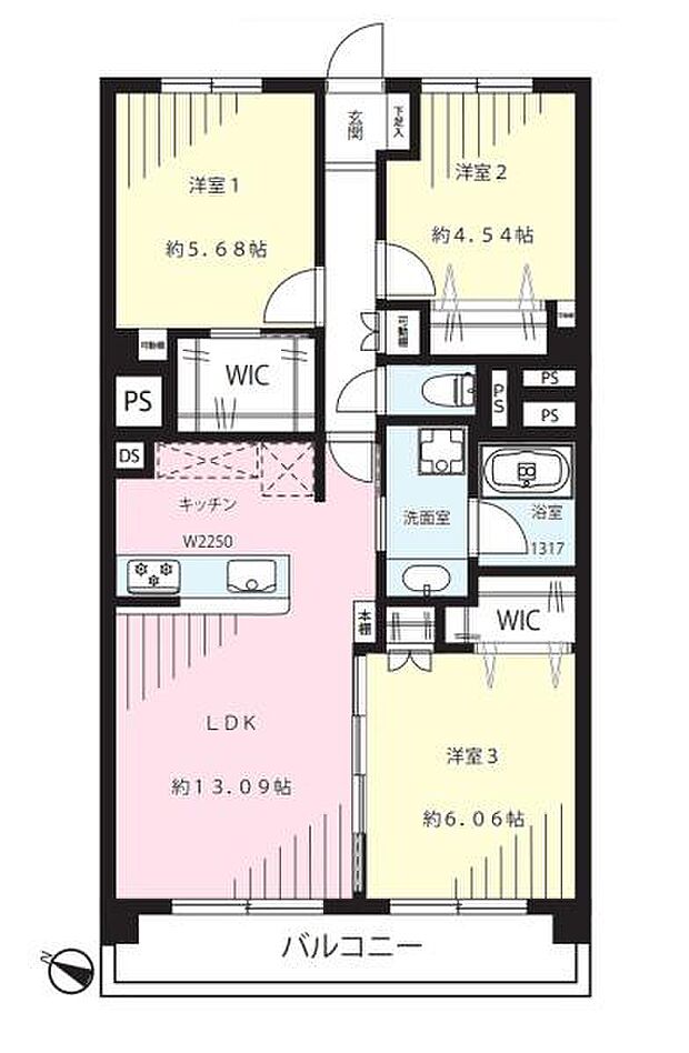 宮前平富士通ハイツＡ棟(3LDK) 3階の間取り図