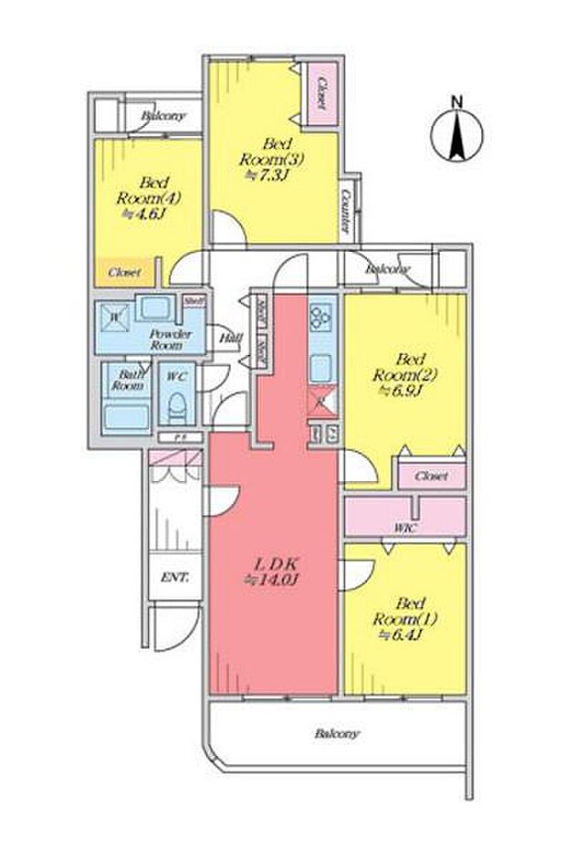 かしの木台ハイツ7号棟(4LDK) 4階の間取り図