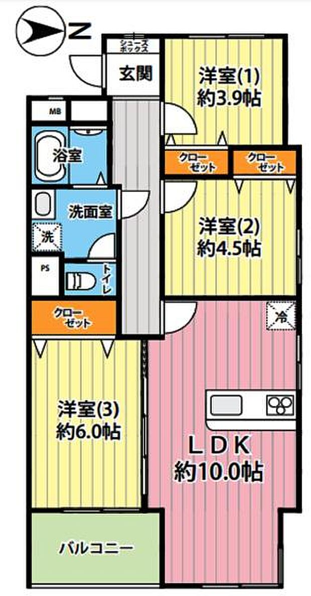 東寺尾マンション(3LDK) 2階の間取り図