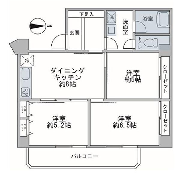 大口キャッスル美研(3DK) 3階の間取り図