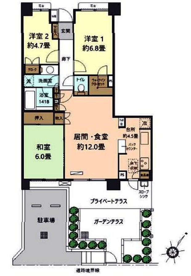 戸塚吉田町パークホームズ(3LDK) 1階の間取り図