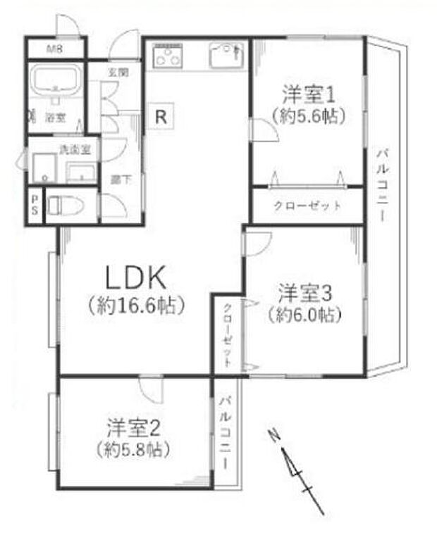 ライオンズマンション南太田(3LDK) 2階の間取り図