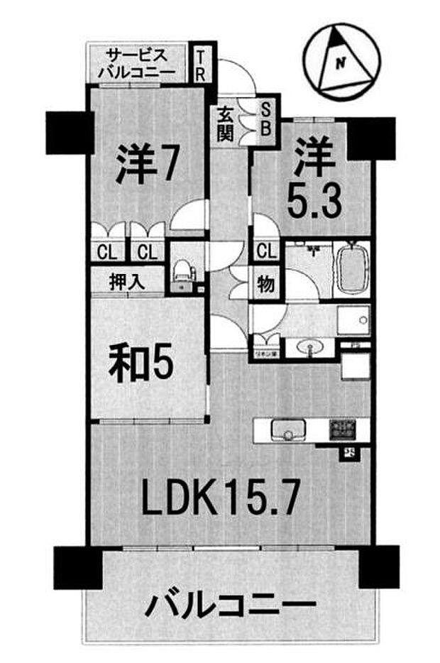 ユニハイム大津におの浜(3LDK) 5階の間取り図