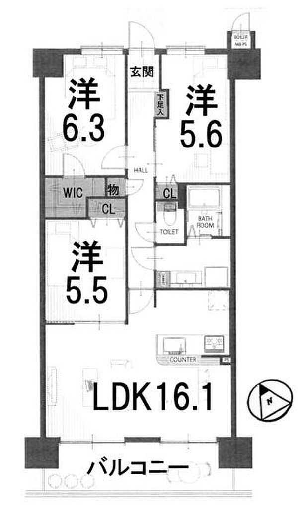 コスモ守山(3SLDK) 5階の間取り図