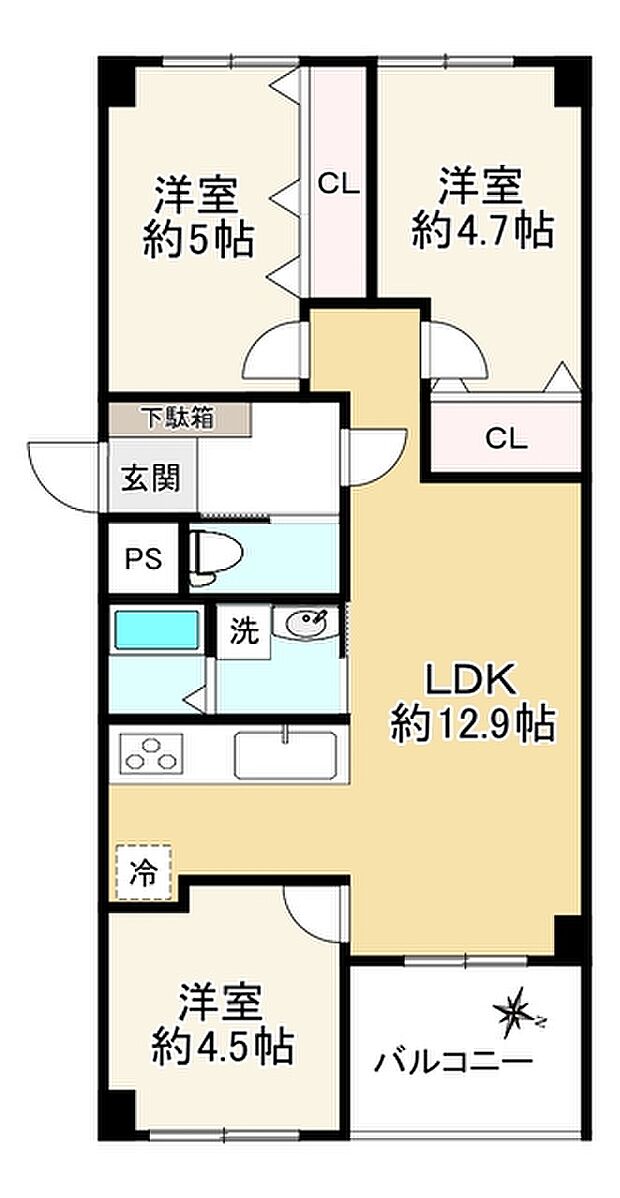 芦屋浜第1住宅9ー2号棟(3LDK) 13階の間取り図