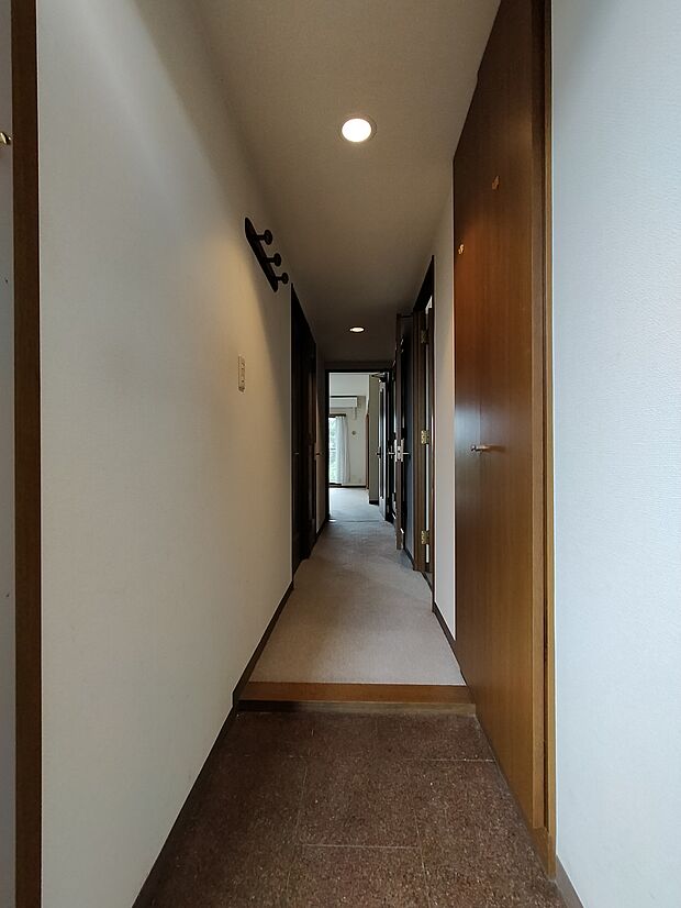 シンプルな玄関回り／廊下はカーペット敷