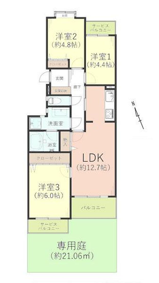 ライオンズマンション中山ガーデンＣ棟(3LDK) 1階の間取り図