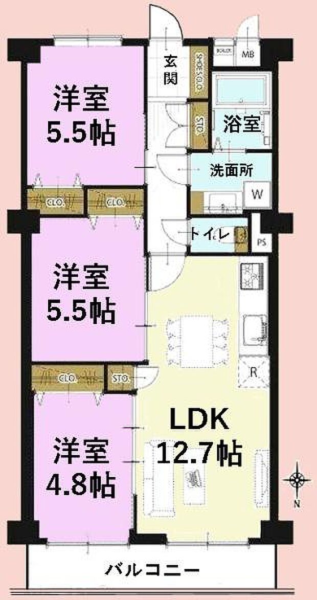 東千葉ハイツ4号棟(3LDK) 7階の間取り図