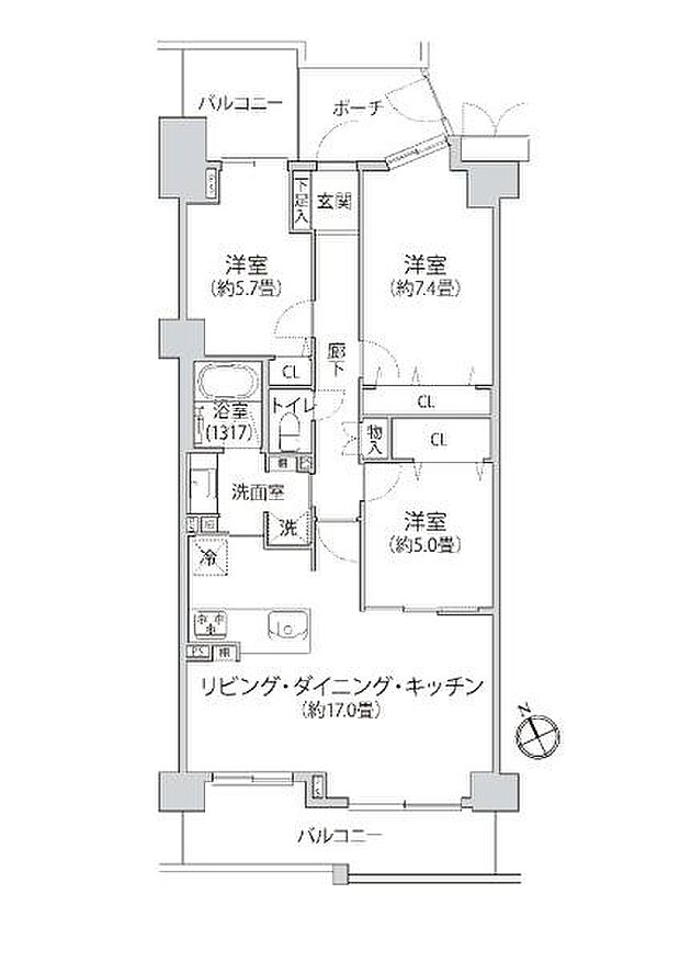 港北ニュータウンイオ7番館(3LDK) 3階の間取り図