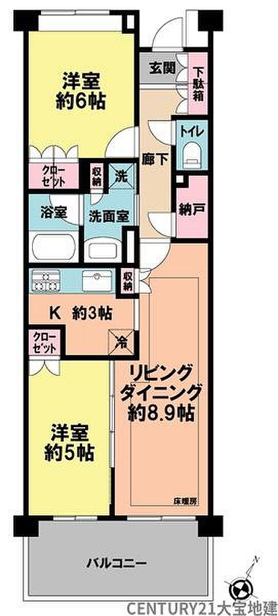 ■2ＳＬＤＫの間取り■南東向きのバルコニーは広々として陽当り良好