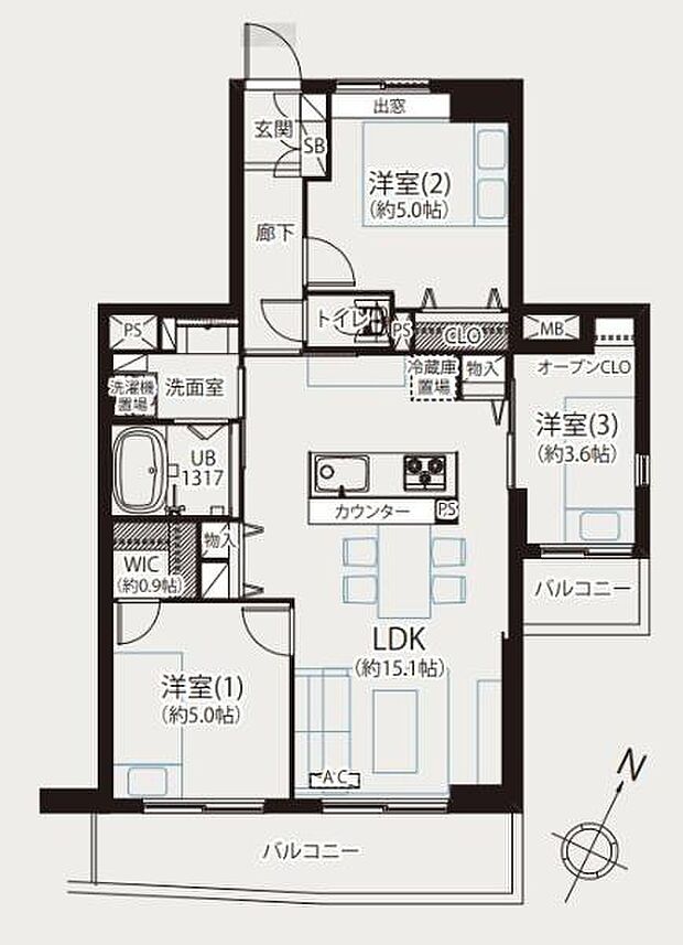 クリオ神奈川新町弐番館(3LDK) 11階の間取り図
