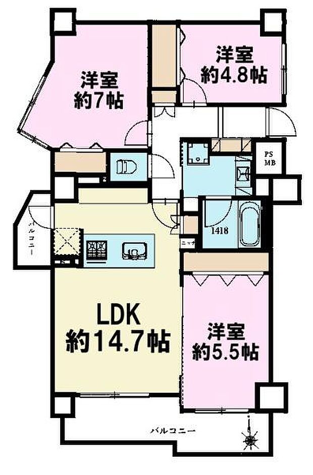 コスモ津田沼エスパシオ(3LDK) 2階の間取り図