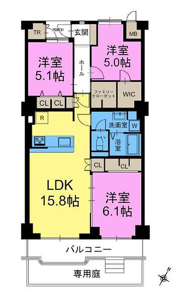 高品ハイツ1号棟(3LDK) 1階の間取り図