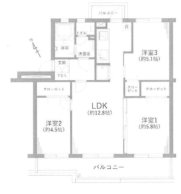 夏見台住宅25号棟(3LDK) 4階の間取り図