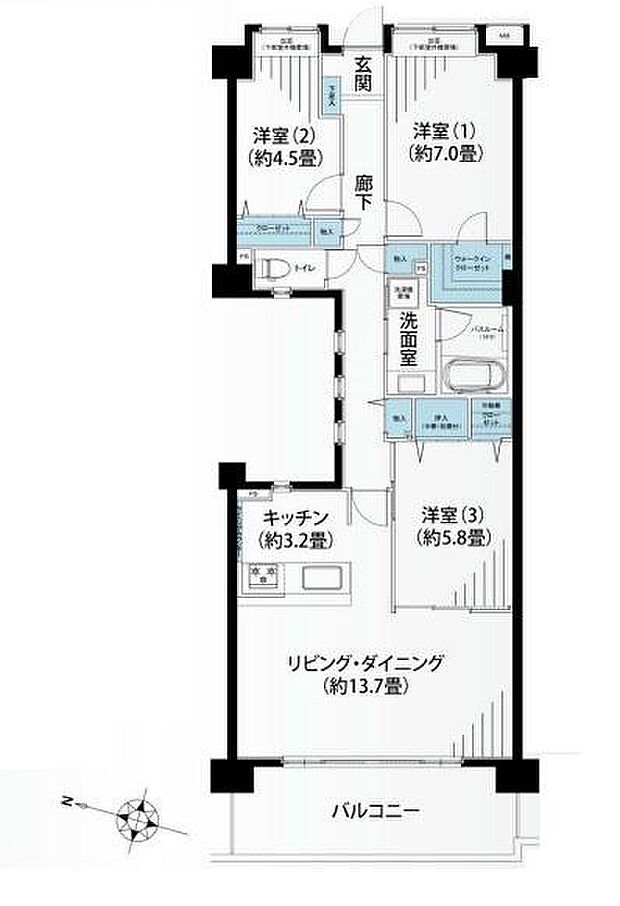 朝日マンション横浜蒔田(3LDK) 2階の間取り図