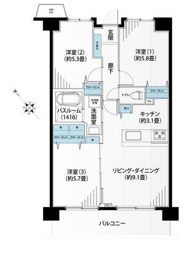 東急ドエルアルス横浜蒔田(3LDK) 5階の間取り図