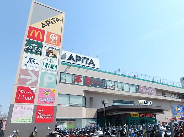 アピタ戸塚店　650m　100円ショップやドラッグストア、美容室、ペットショップなどが入る商業施設。 
