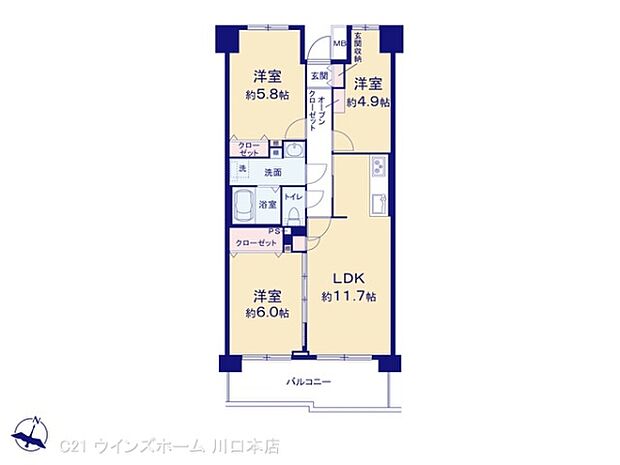 浦和南パーク・ホームズ(3LDK) 3階の間取り図