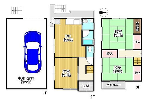 【間取り】3DKです。1階には車庫兼倉庫にできるスペースがあります！