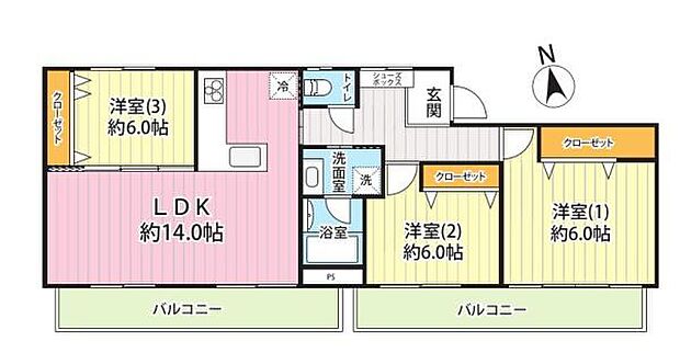 サニーハイツ東中山(3LDK) 3階の間取り図