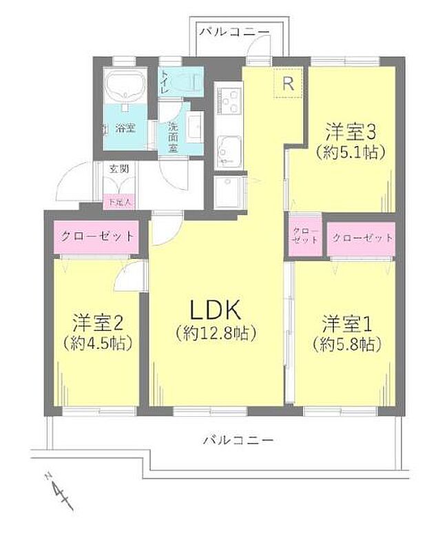 夏見台住宅第25号棟(3LDK) 4階の間取り図