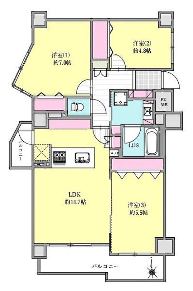 コスモ津田沼エスパシオ(3LDK) 2階の間取り図