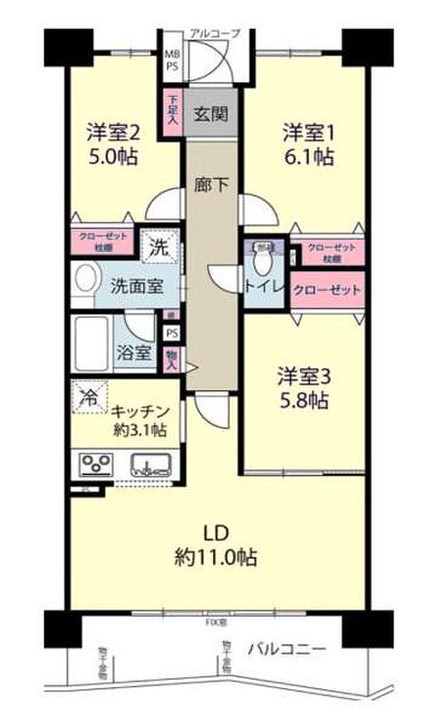 ライオンズマンション千葉グランドタワー(3LDK) 2階の間取り図