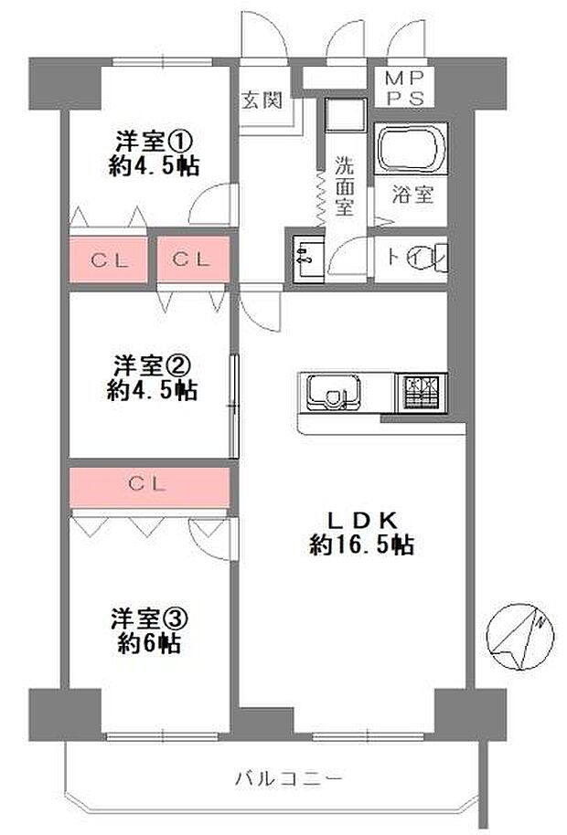 牧野駅前ハイツ(3LDK) 13階の間取り図
