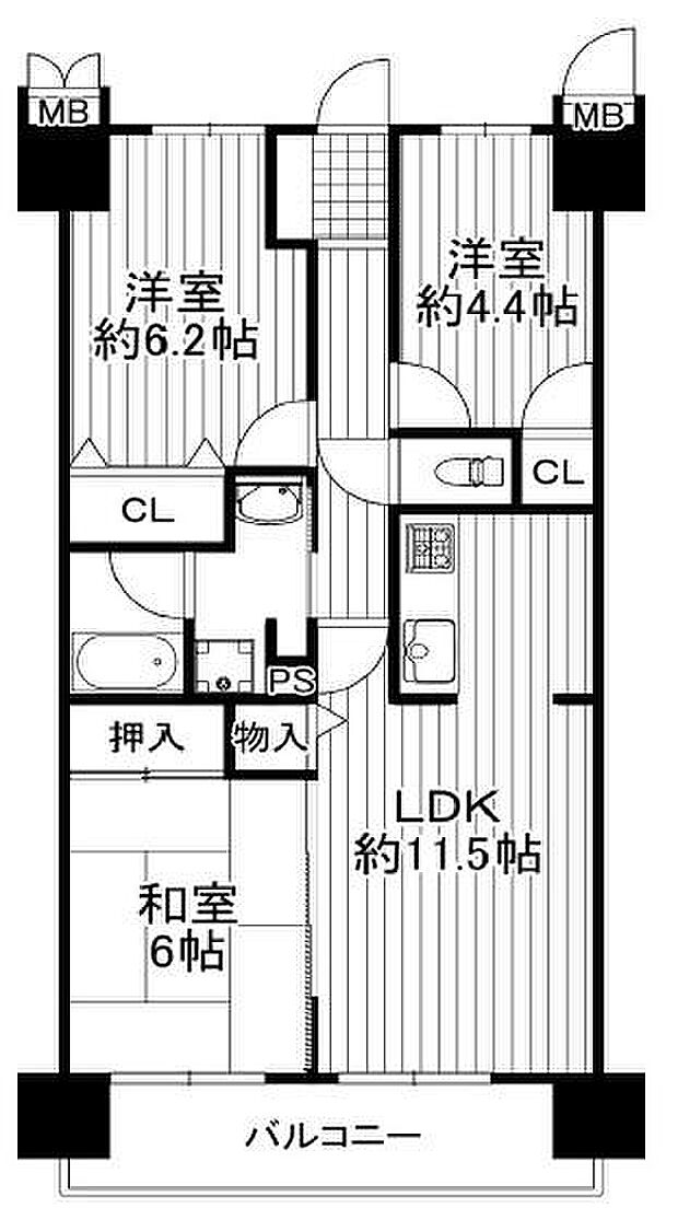 ライオンズマンション寝屋川(3LDK) 3階の間取り図