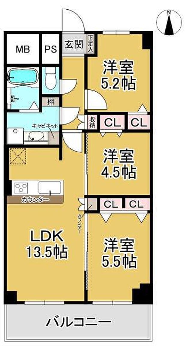 新北島コーポ1号棟(3LDK) 5階の間取り図