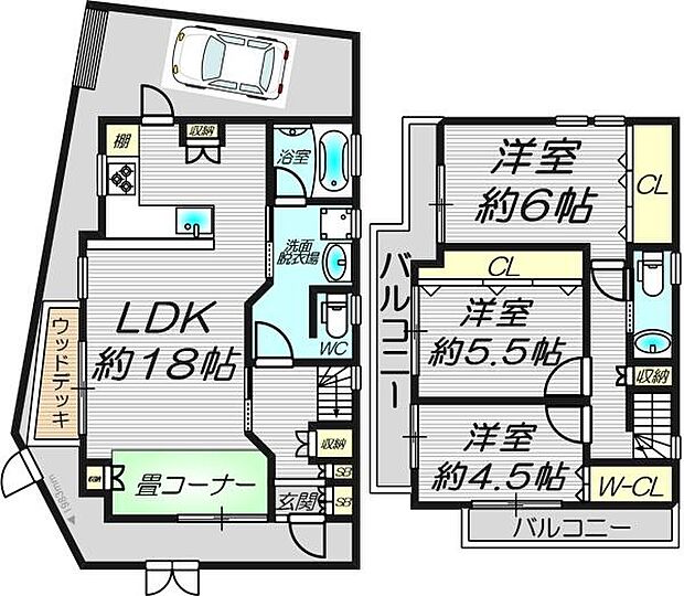 1F　広々としたリビングにタタミコーナー2F　洋室×3　各お部屋には収納付きです。