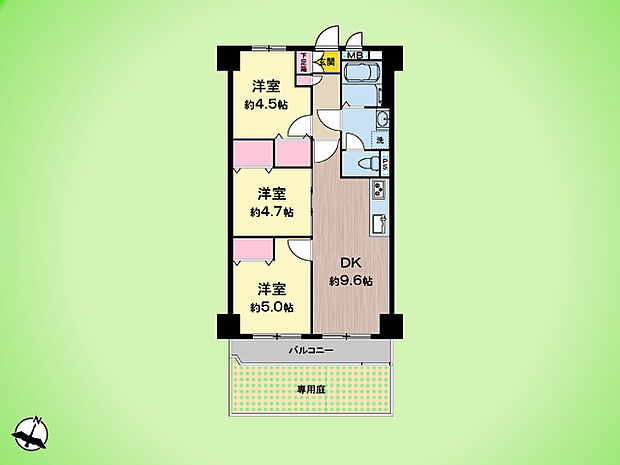 京王向ヶ丘マンション(3DK) 1階の間取り図