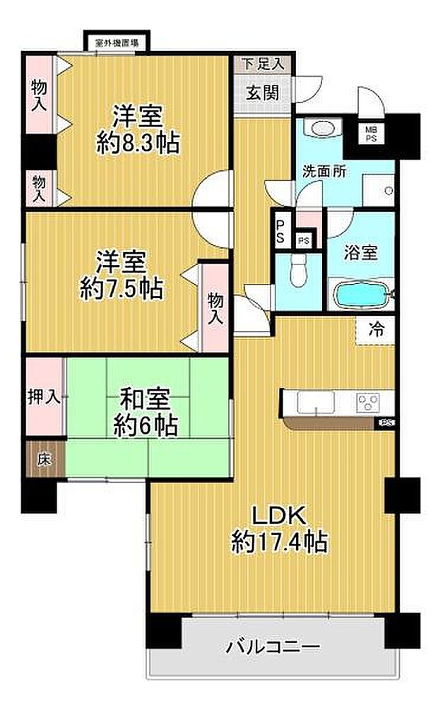 ライオンズマンション山科大宅(3LDK) 4階の間取り図